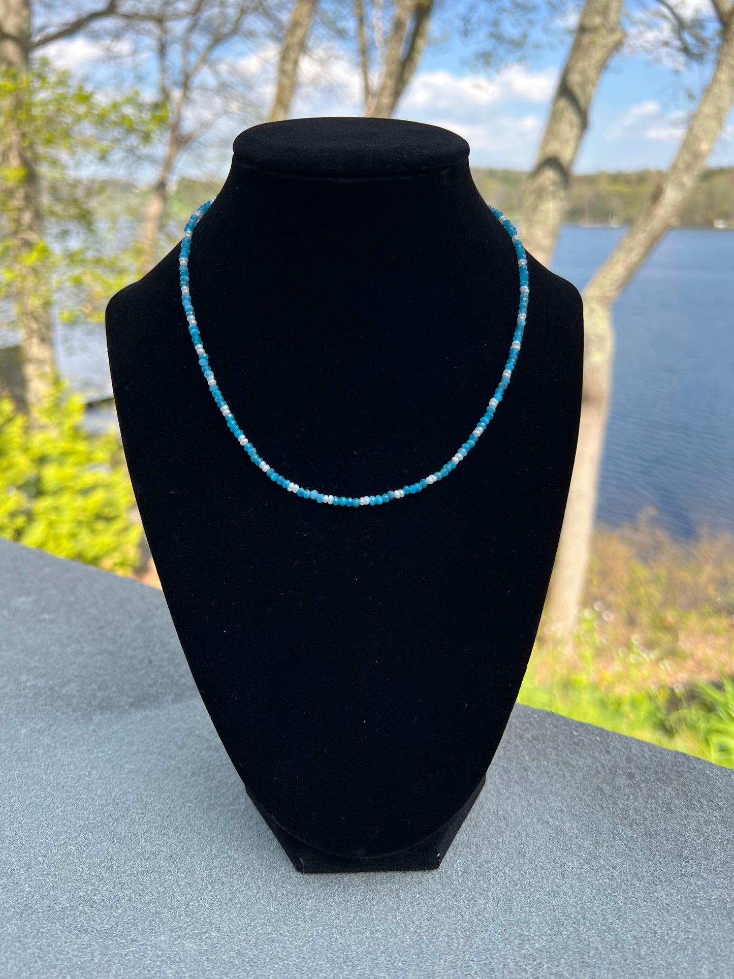 Blue Apatite & White Button Pearls Necklace